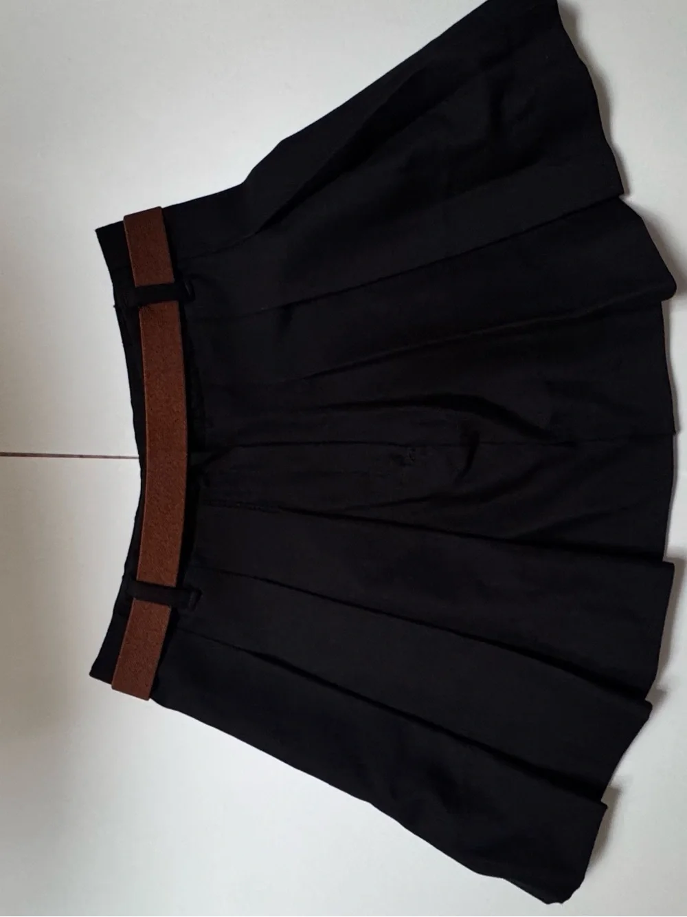 H&M Black Pleated Skater Skirt with Brown Belt